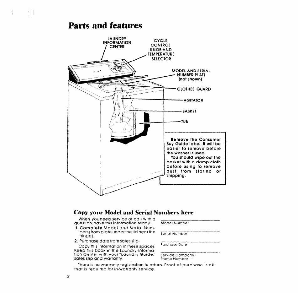 Parts and features, Copy your model and serial numbers here | Whirlpool LA34OOXP User Manual | Page 2 / 12