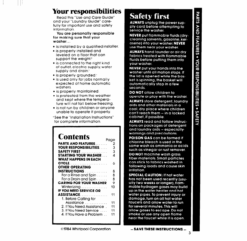 Your responsibilities, Safety first contents | Whirlpool LA34OOXP User Manual | Page 3 / 12