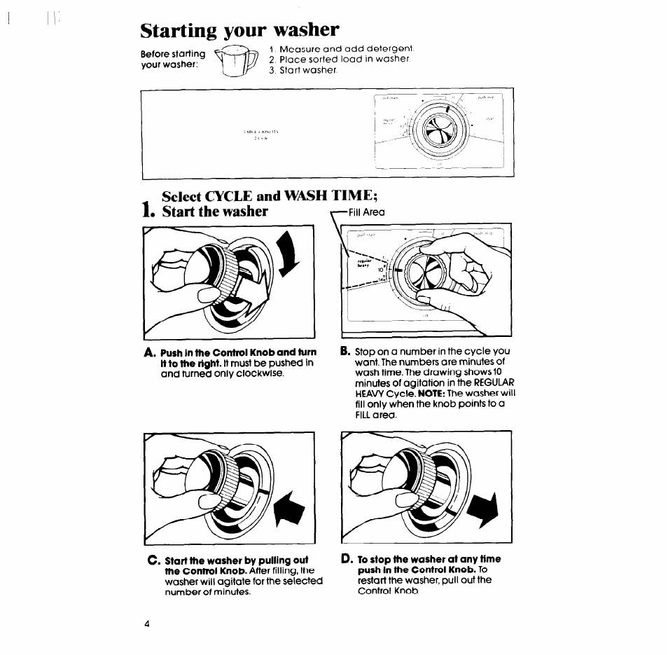 Starting your washer, Select cycle and wash time, Start the washer | Whirlpool LA34OOXP User Manual | Page 4 / 12