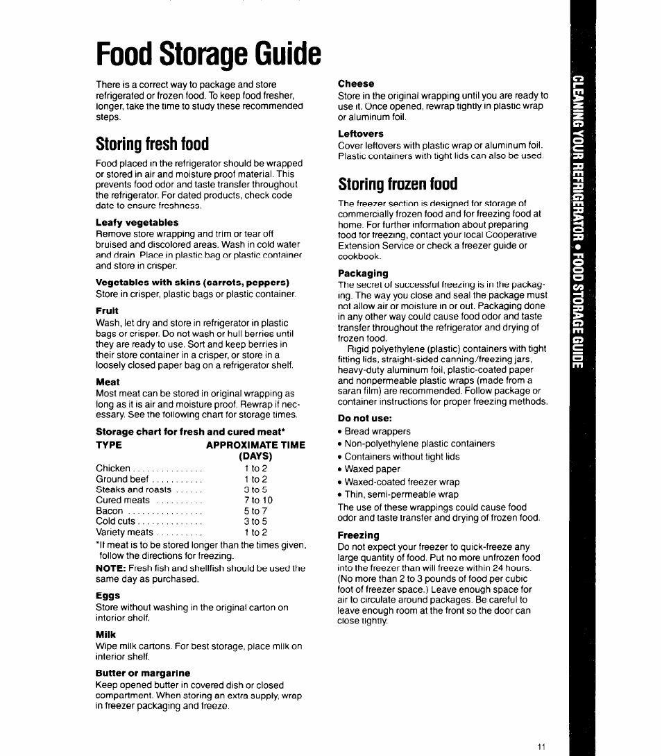 Food storage guide, Storing fresh food, Fruit | Meat, Days), Milk, Cheese, Leftovers, Storing frozen food, Do not use | Whirlpool 6ETl6ZK User Manual | Page 11 / 16
