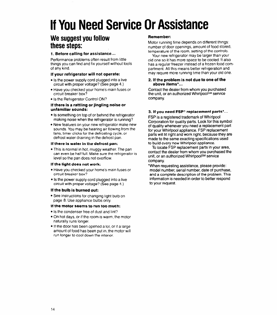 If you need service or assistance, We suggest you follow these steps, Before calling for assistance | Remember, If you need fsp^ replacement parts | Whirlpool 6ETl6ZK User Manual | Page 14 / 16