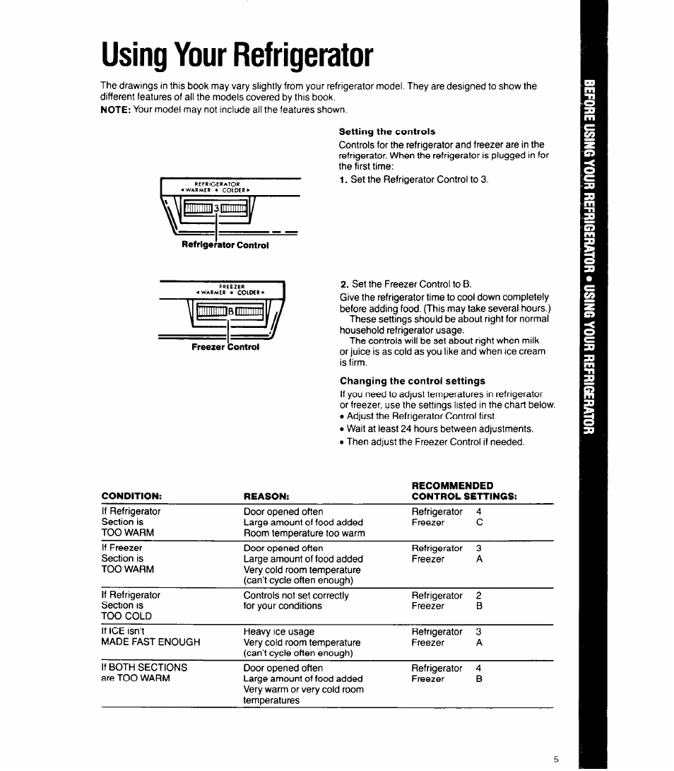 Setting the controls, Using your refrigerator | Whirlpool 6ETl6ZK User Manual | Page 5 / 16