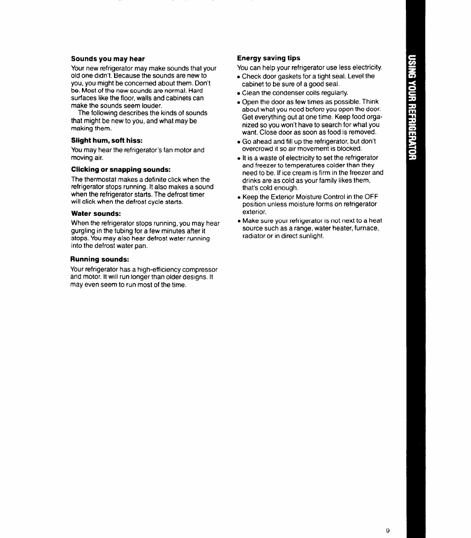 Sounds you may hear, Water sounds, Running sounds | Energy saving tips, Sounds you may hear energy saving tips | Whirlpool 6ETl6ZK User Manual | Page 9 / 16