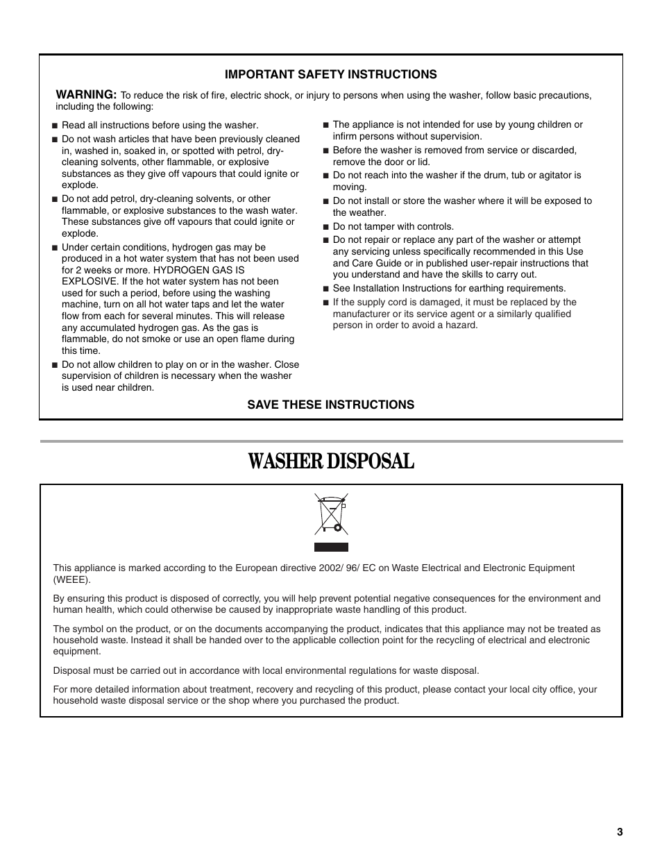 Washer disposal, Warning | Whirlpool 3RGSC9400 User Manual | Page 3 / 12