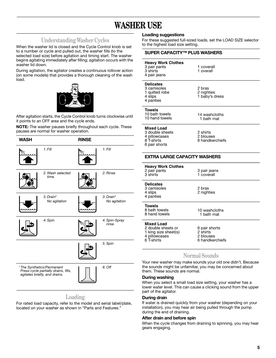 Washer use, Understanding washer cycles, Loading | Normal sounds | Whirlpool 3RGSC9400 User Manual | Page 5 / 12