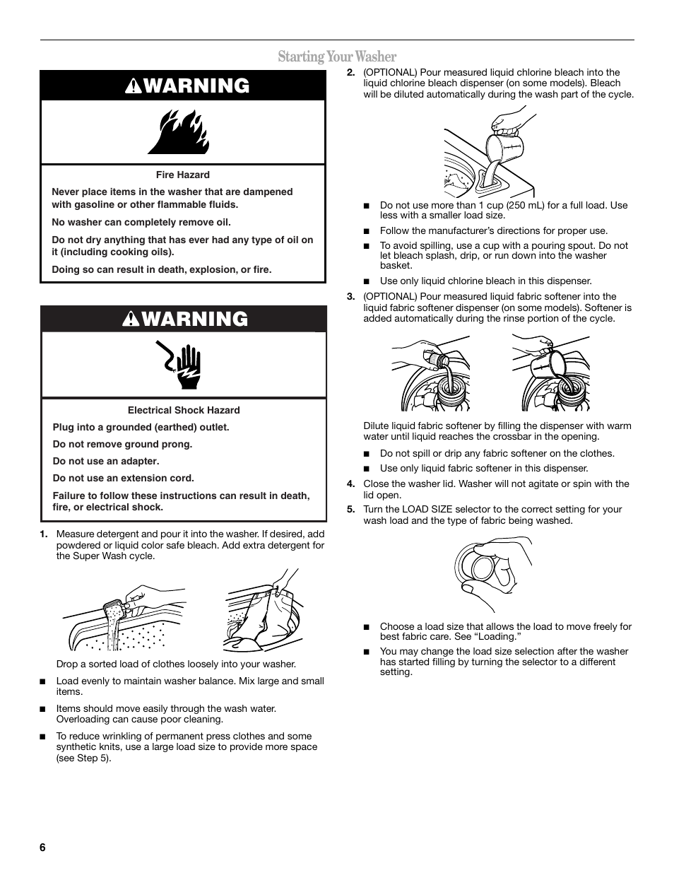 Warning, Starting your washer | Whirlpool 3RGSC9400 User Manual | Page 6 / 12