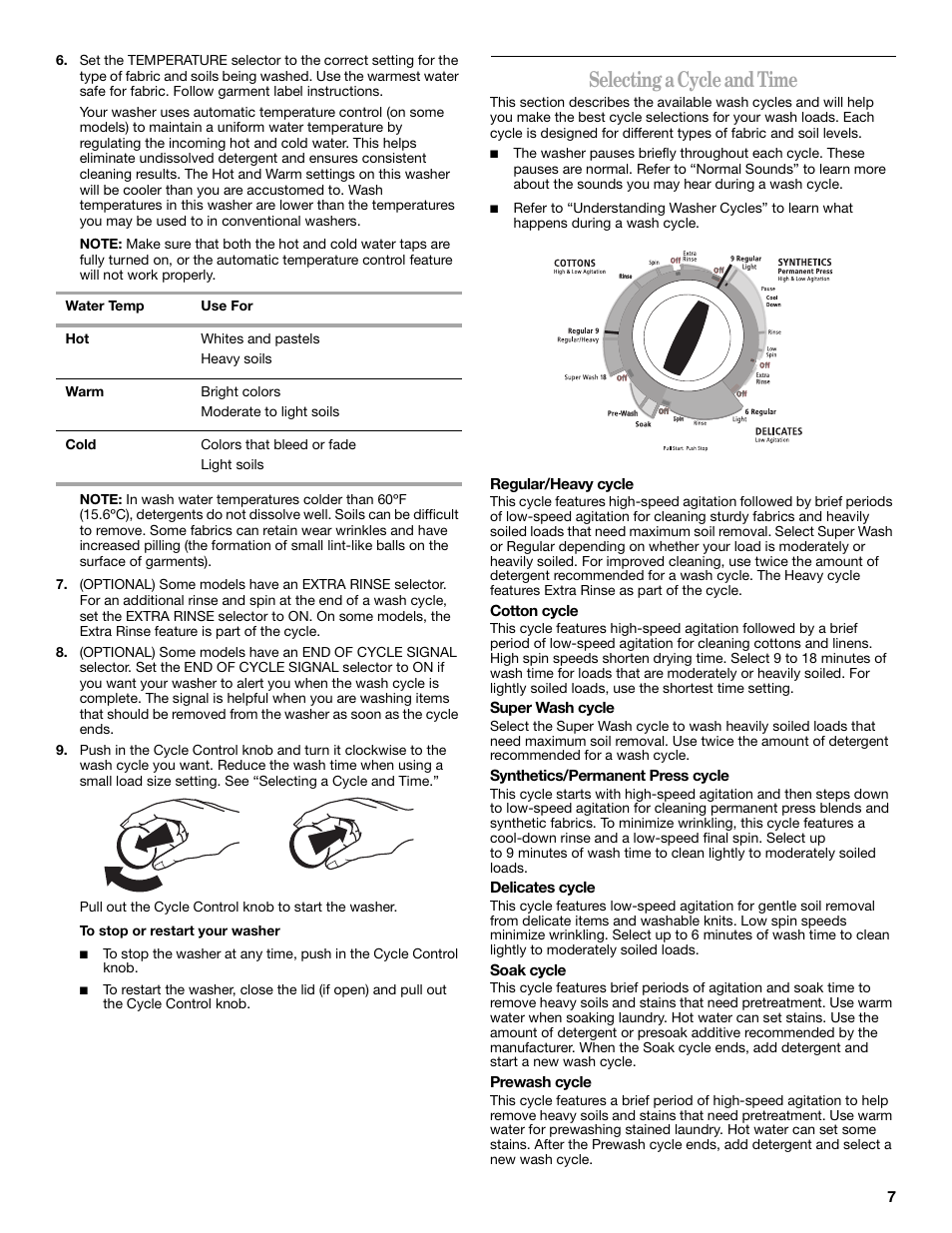 Selecting a cycle and time | Whirlpool 3RGSC9400 User Manual | Page 7 / 12