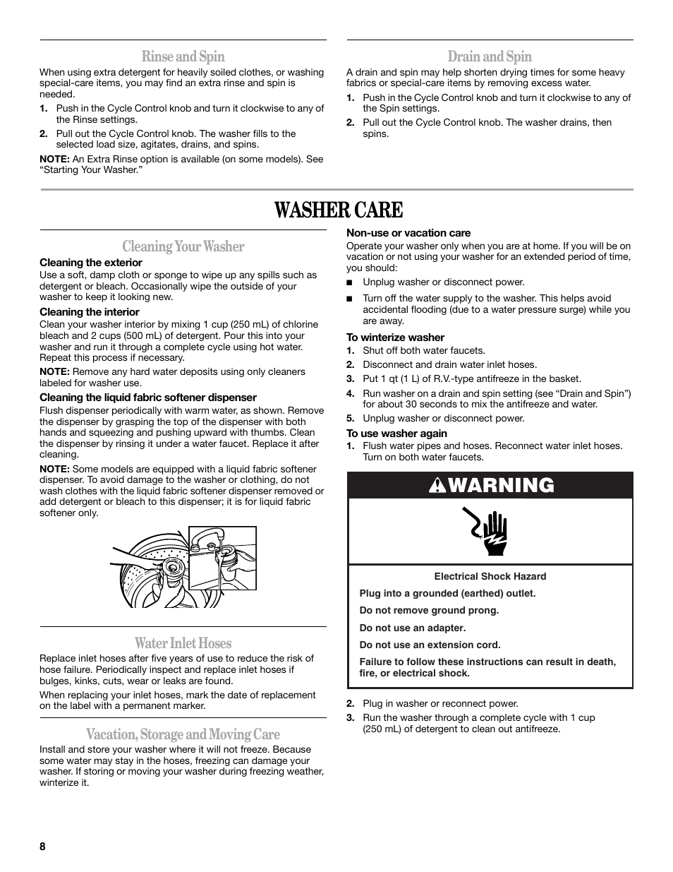 Washer care, Warning, Rinse and spin | Drain and spin, Cleaning your washer, Water inlet hoses, Vacation, storage and moving care | Whirlpool 3RGSC9400 User Manual | Page 8 / 12