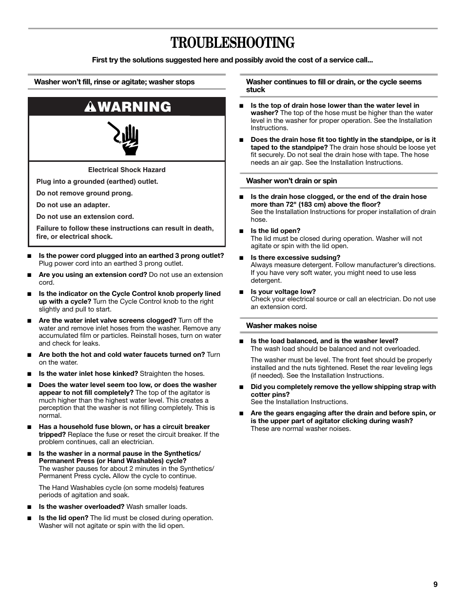 Troubleshooting, Warning | Whirlpool 3RGSC9400 User Manual | Page 9 / 12