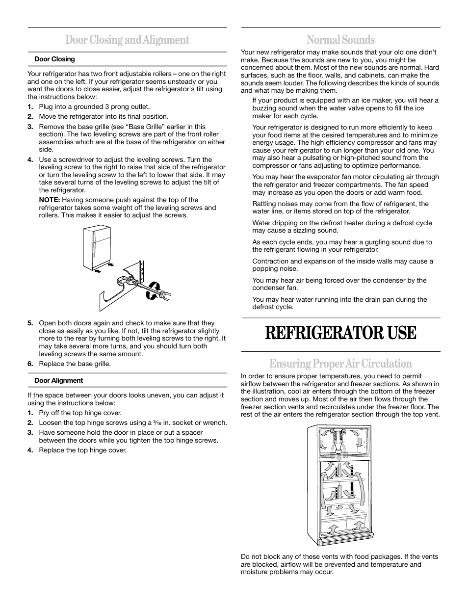 Refrigerator use, Door closing and alignment, Normal sounds | Ensuring proper air circulation | Whirlpool 2218585 User Manual | Page 10 / 60