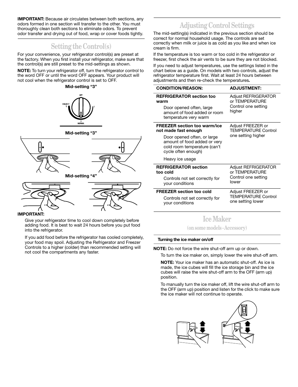 Setting the control(s), Adjusting control settings, Ice maker | On some models - accessory) | Whirlpool 2218585 User Manual | Page 11 / 60