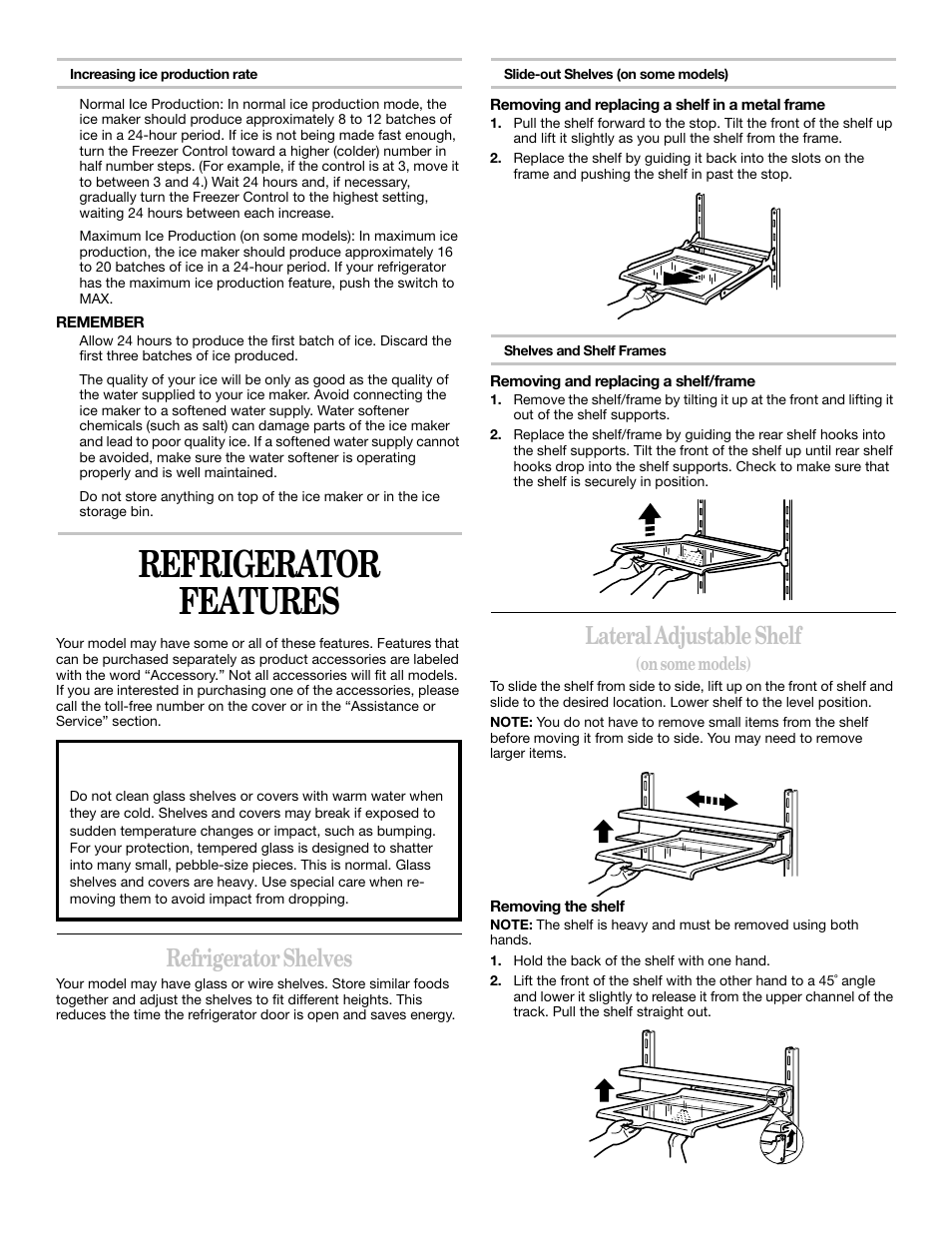 Refrigerator features, Refrigerator shelves, Lateral adjustable shelf | Whirlpool 2218585 User Manual | Page 12 / 60