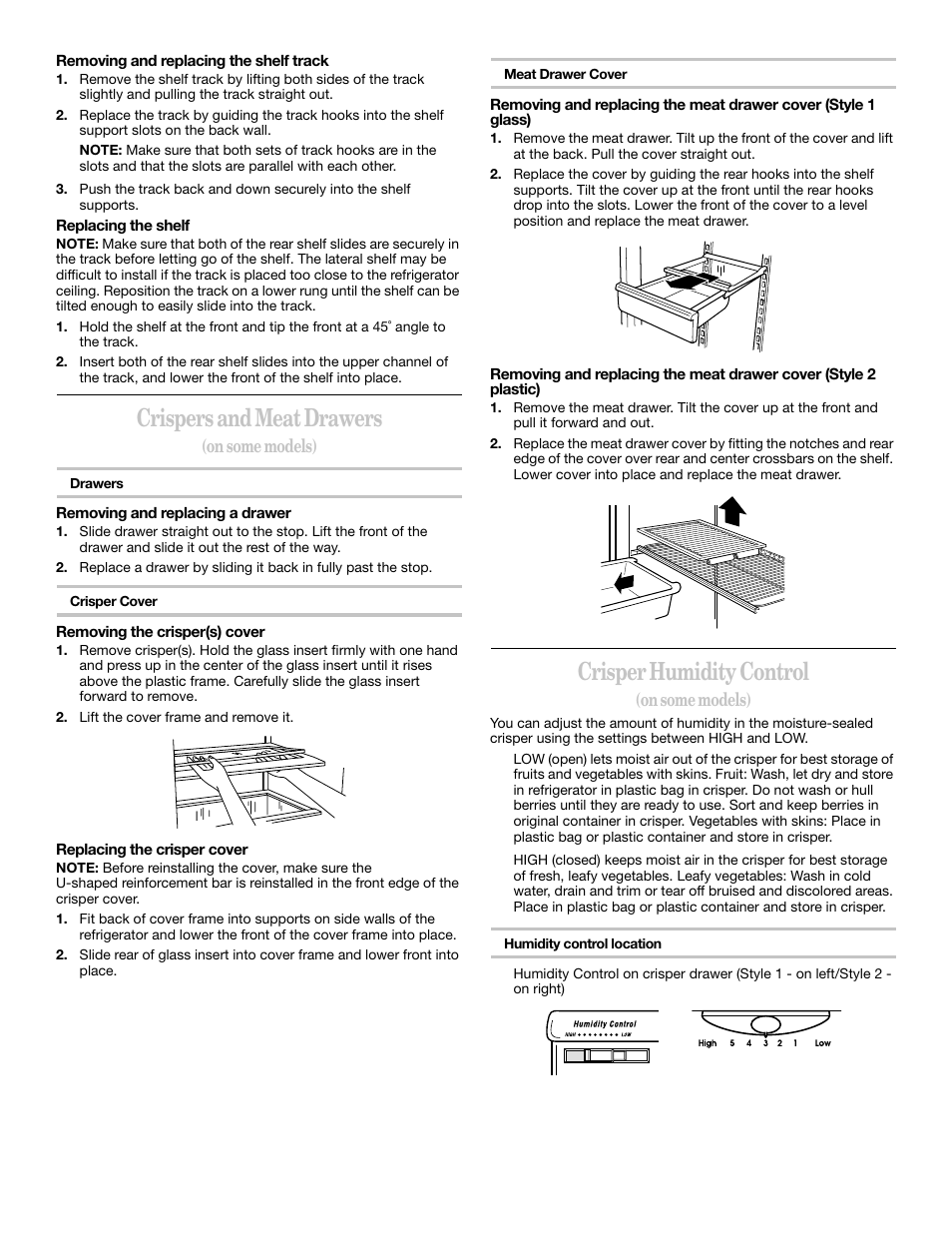 Crispers and meat drawers, Crisper humidity control, On some models) | Whirlpool 2218585 User Manual | Page 13 / 60