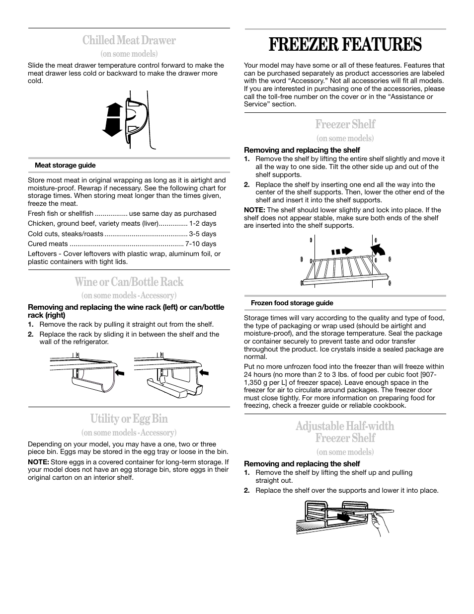 Freezer features, Chilled meat drawer, Wine or can/bottle rack | Utility or egg bin, Freezer shelf, Adjustable half-width freezer shelf | Whirlpool 2218585 User Manual | Page 14 / 60