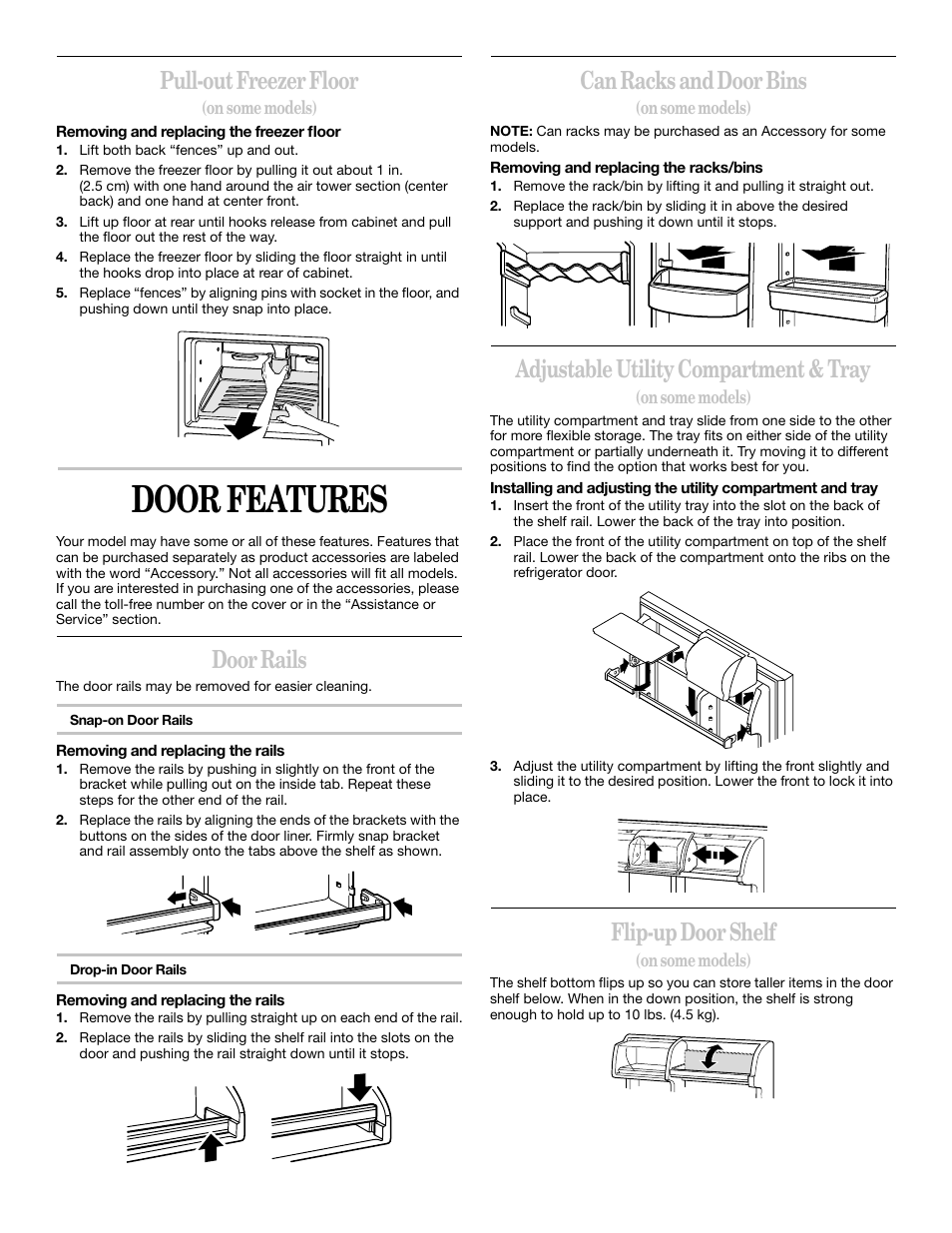 Door features, Pull-out freezer floor, Door rails | Can racks and door bins, Adjustable utility compartment & tray, Flip-up door shelf | Whirlpool 2218585 User Manual | Page 15 / 60