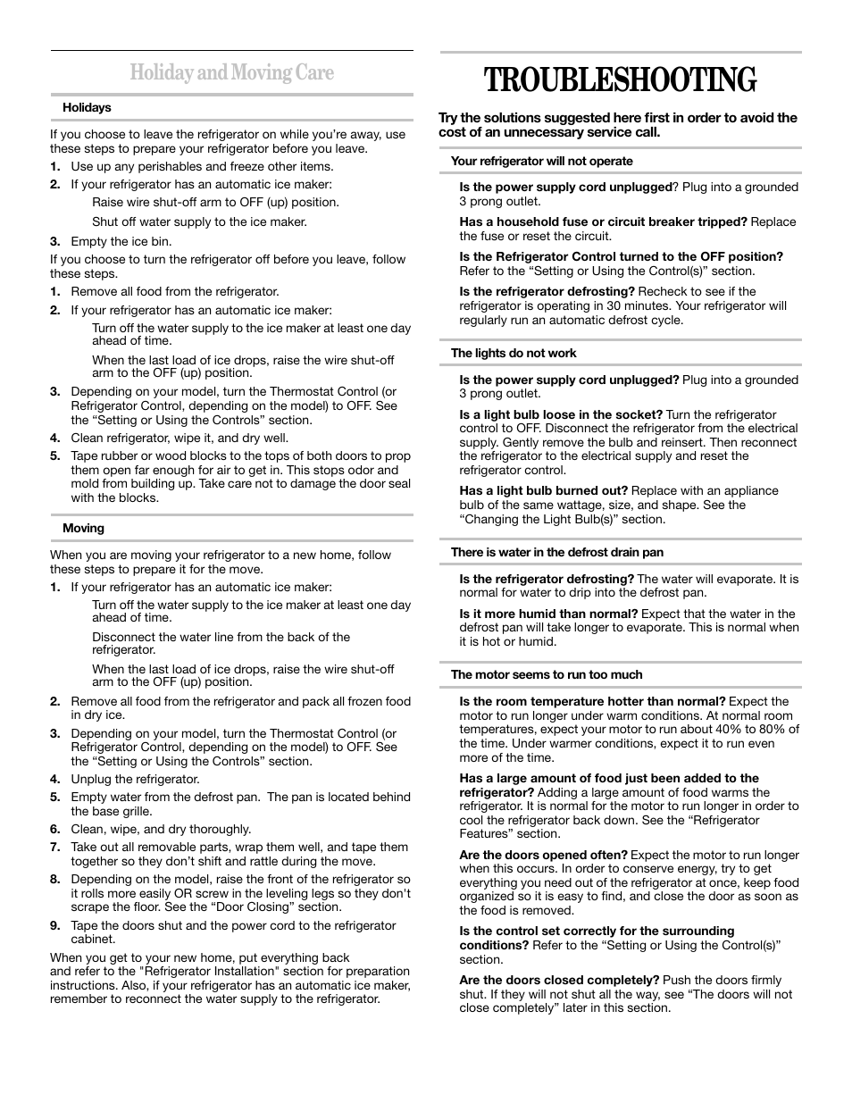 Troubleshooting, Holiday and moving care | Whirlpool 2218585 User Manual | Page 17 / 60