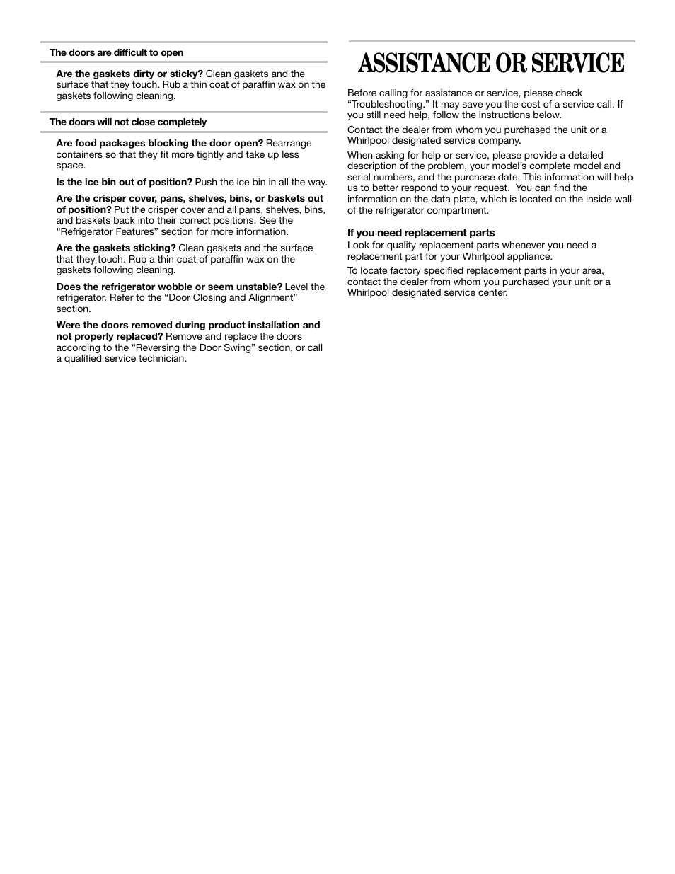 Assistance or service | Whirlpool 2218585 User Manual | Page 19 / 60