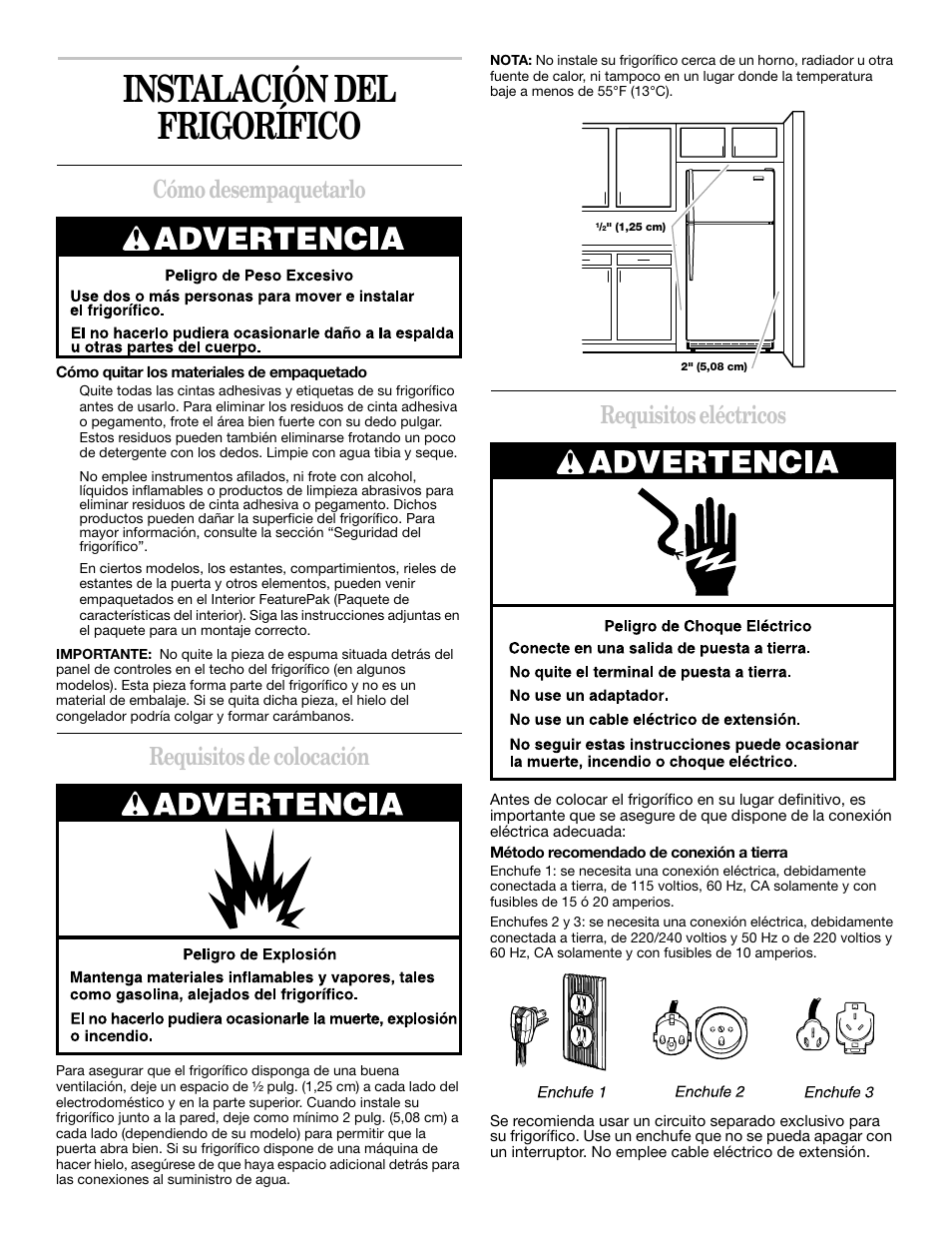 Instalación del frigorífico, Cómo desempaquetarlo, Requisitos de colocación | Requisitos eléctricos | Whirlpool 2218585 User Manual | Page 23 / 60