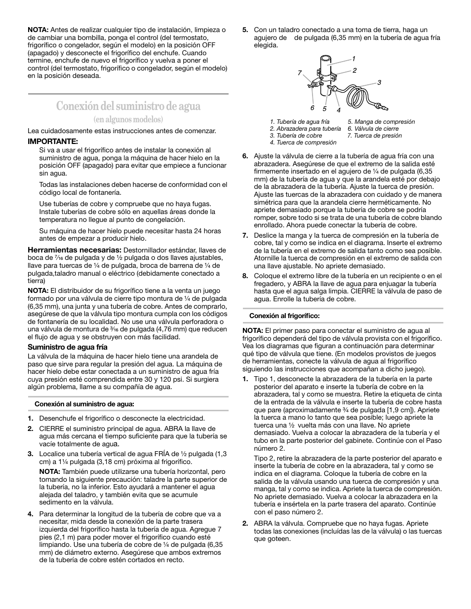 Conexión del suministro de agua, En algunos modelos) | Whirlpool 2218585 User Manual | Page 24 / 60