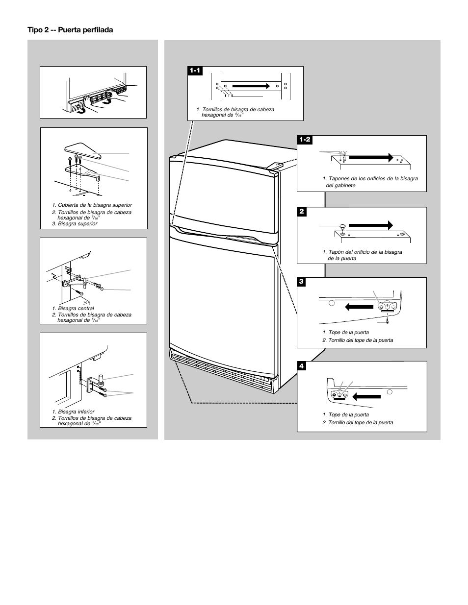 Cómo invertir el cierre de la puerta (opcional), Cómo quitar y volver a colocar las puertas, 28 tipo 2 -- puerta perfilada | Cómo quitar los topes de la puerta | Whirlpool 2218585 User Manual | Page 28 / 60