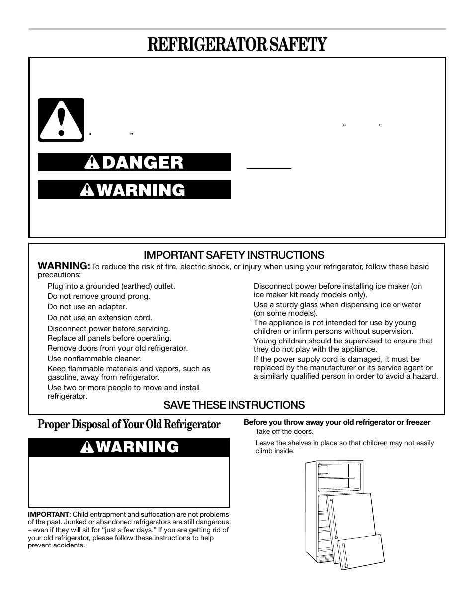 Safety, Refrigerator, Proper disposal of your old refrigerator | Important safety instructions, Save these instructions, Warning | Whirlpool 2218585 User Manual | Page 3 / 60