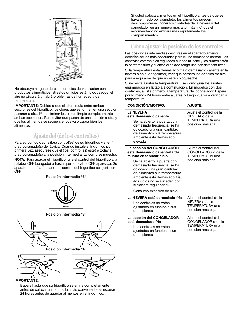 Ajuste del (de los) control(es), Cómo ajustar la posición de los controles | Whirlpool 2218585 User Manual | Page 30 / 60