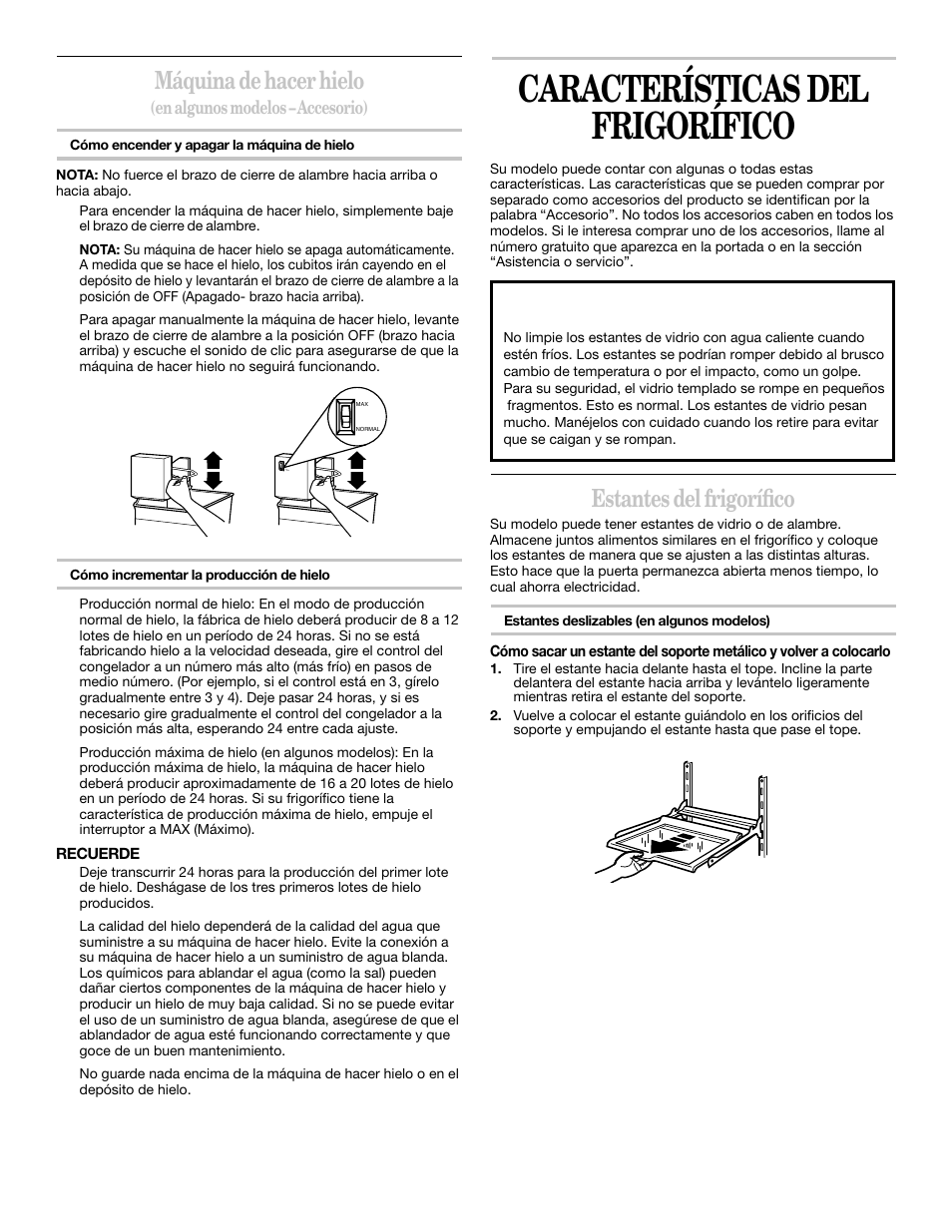 Características del frigorífico, Máquina de hacer hielo, Estantes del frigorífico | Whirlpool 2218585 User Manual | Page 31 / 60