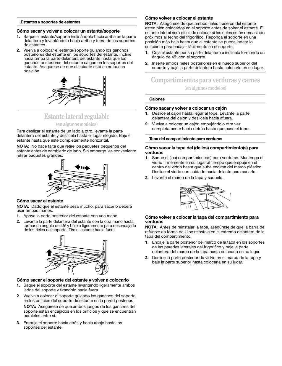 Estante lateral regulable, Compartimientos para verduras y carnes, En algunos modelos) | Whirlpool 2218585 User Manual | Page 32 / 60