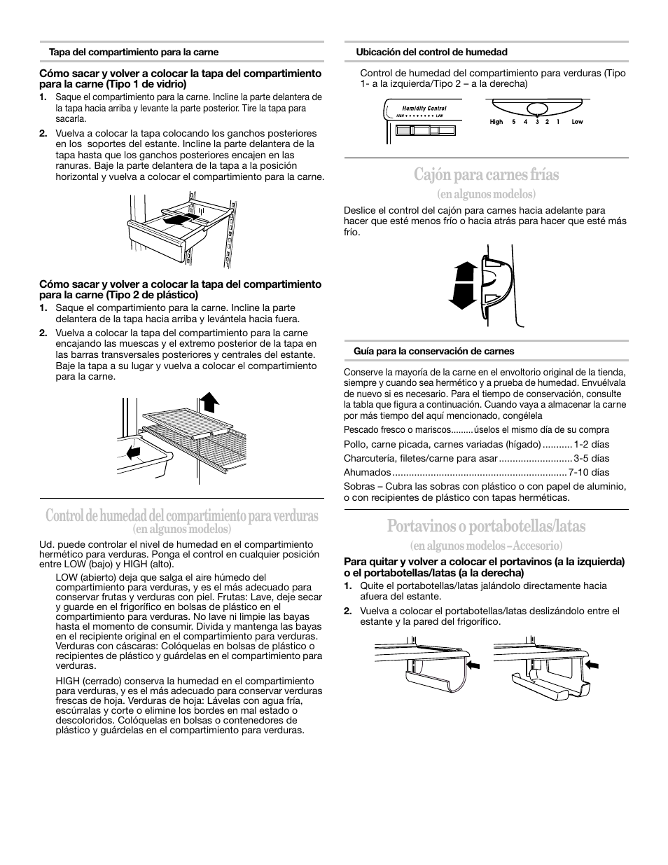 Cajón para carnes frías, Portavinos o portabotellas/latas, En algunos modelos) | En algunos modelos – accesorio) | Whirlpool 2218585 User Manual | Page 33 / 60