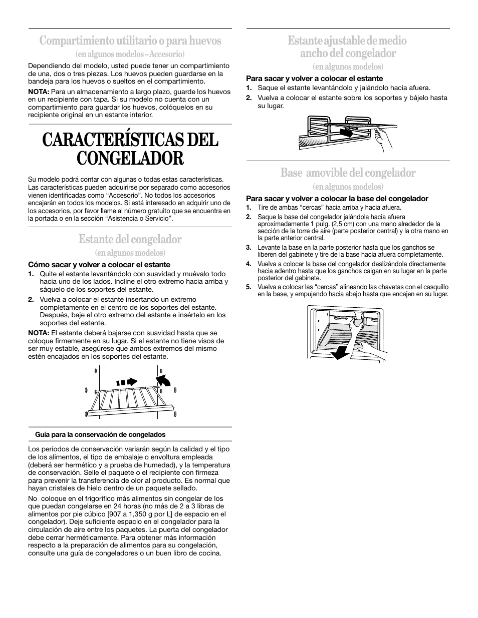 Características del congelador, Compartimiento utilitario o para huevos, Estante del congelador | Estante ajustable de medio ancho del congelador, Base amovible del congelador | Whirlpool 2218585 User Manual | Page 34 / 60