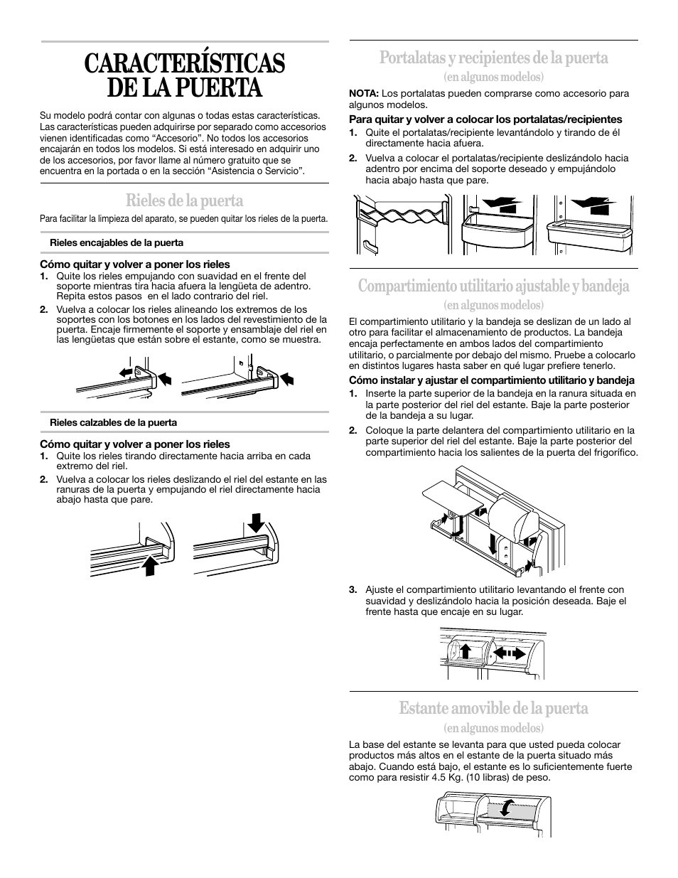 Características de la puerta, Rieles de la puerta, Portalatas y recipientes de la puerta | Compartimiento utilitario ajustable y bandeja, Estante amovible de la puerta | Whirlpool 2218585 User Manual | Page 35 / 60