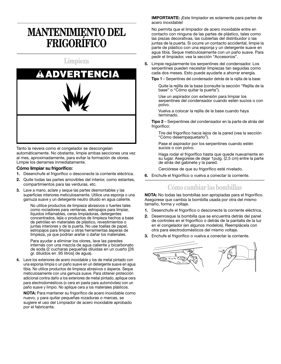 Mantenimiento del frigorífico, Limpieza, Cómo cambiar las bombillas | Whirlpool 2218585 User Manual | Page 36 / 60