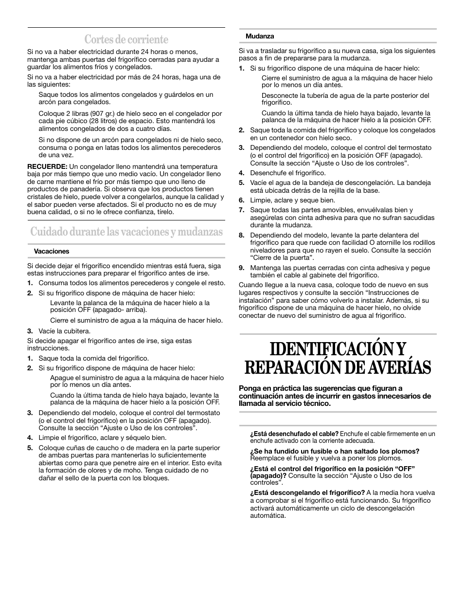 Identificación y reparación de averías, Cortes de corriente, Cuidado durante las vacaciones y mudanzas | Whirlpool 2218585 User Manual | Page 37 / 60