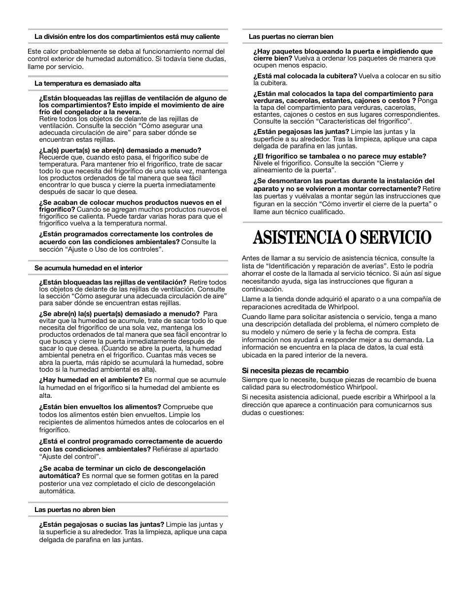 Asistencia o servicio | Whirlpool 2218585 User Manual | Page 39 / 60