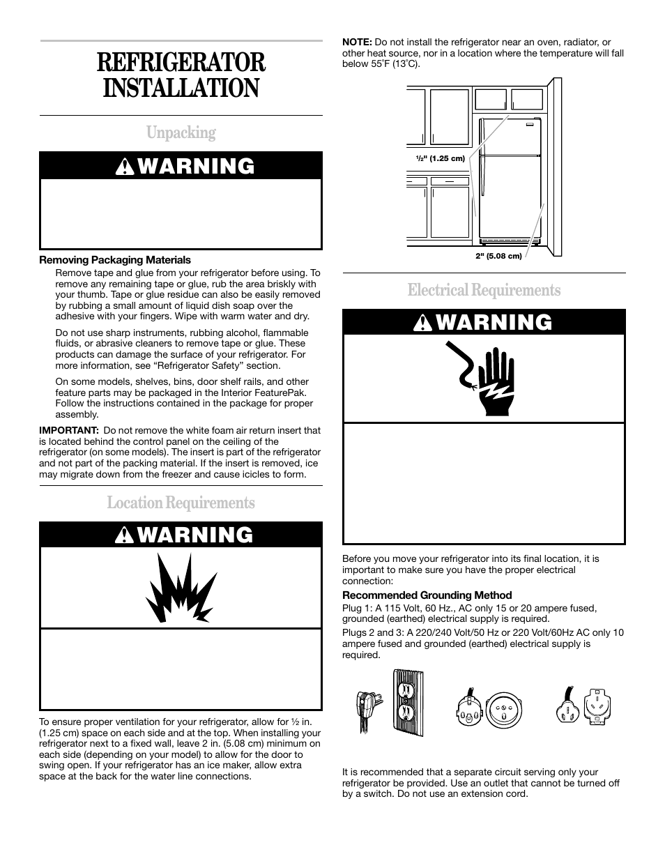 Refrigerator installation, Warning, Unpacking | Location requirements, Electrical requirements | Whirlpool 2218585 User Manual | Page 4 / 60