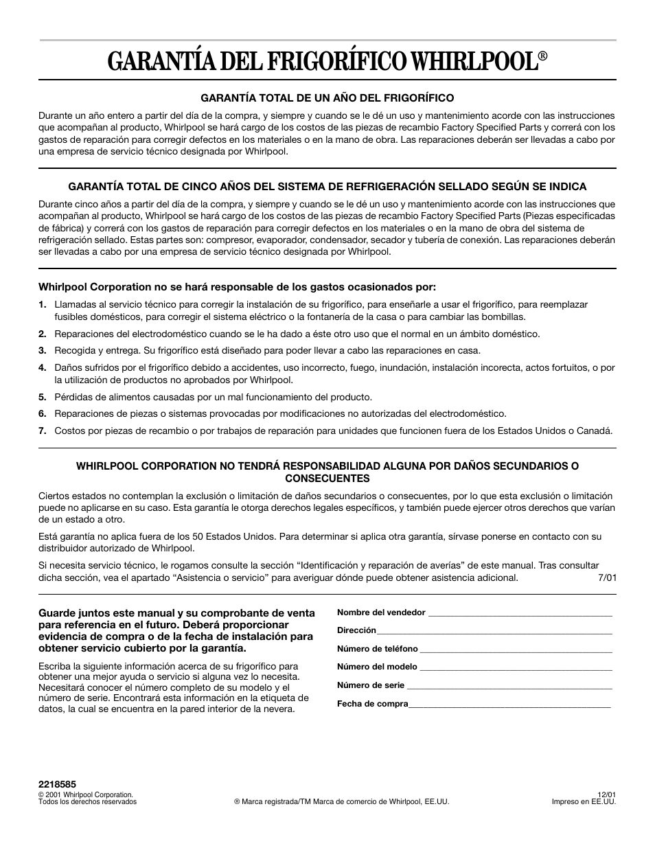 Garantía del frigorífico whirlpool | Whirlpool 2218585 User Manual | Page 40 / 60