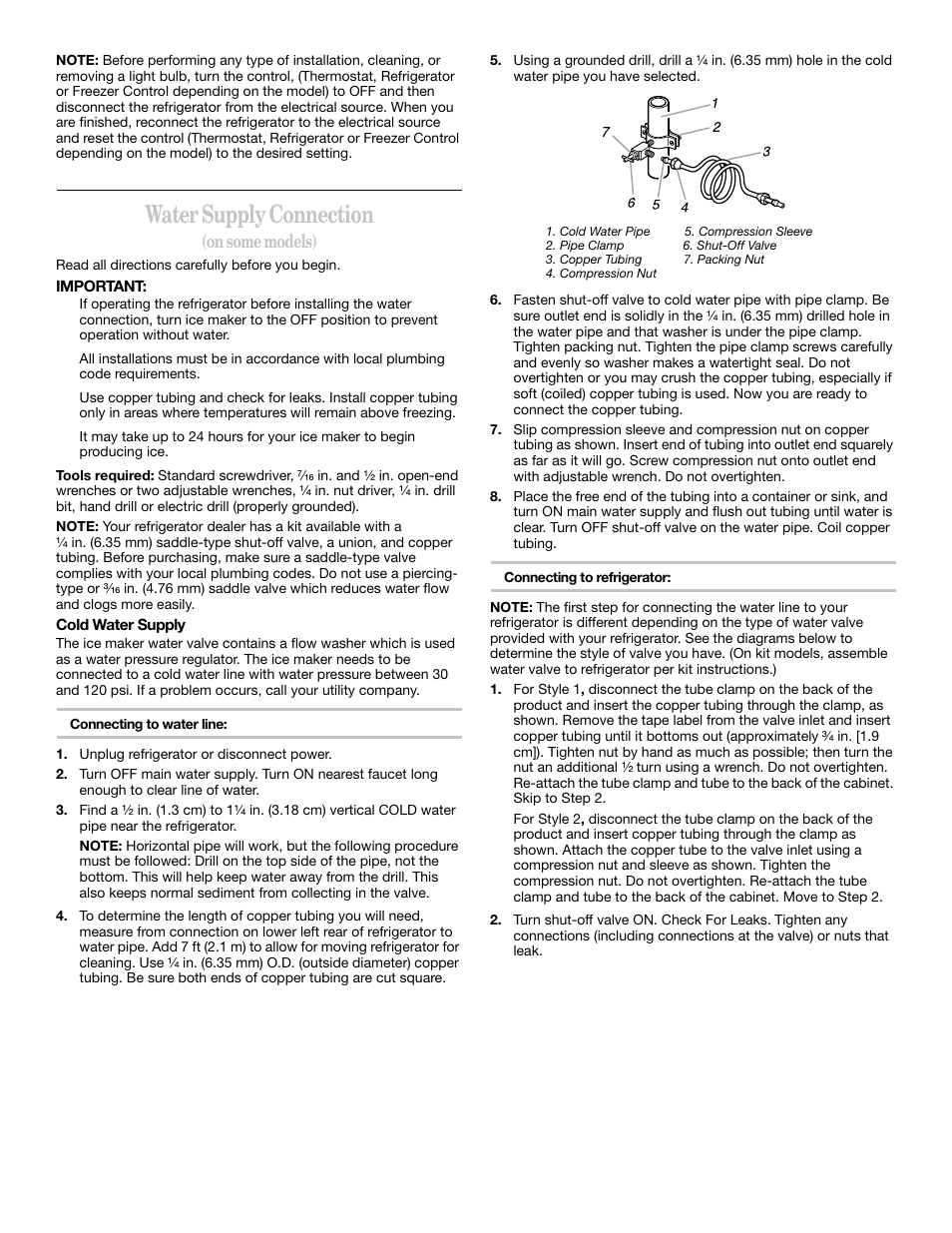 Water supply connection, On some models) | Whirlpool 2218585 User Manual | Page 5 / 60