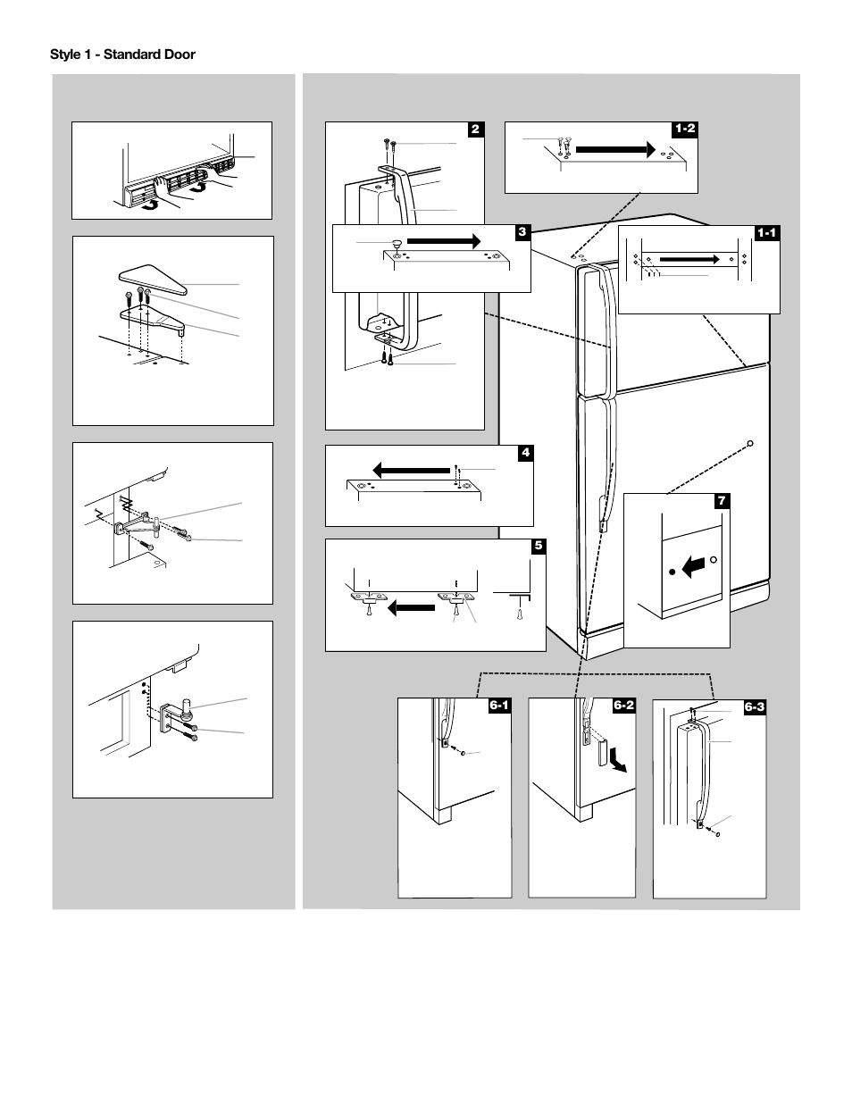 8style 1 - standard door, Base grille top hinge bottom hinge center hinge | Whirlpool 2218585 User Manual | Page 8 / 60