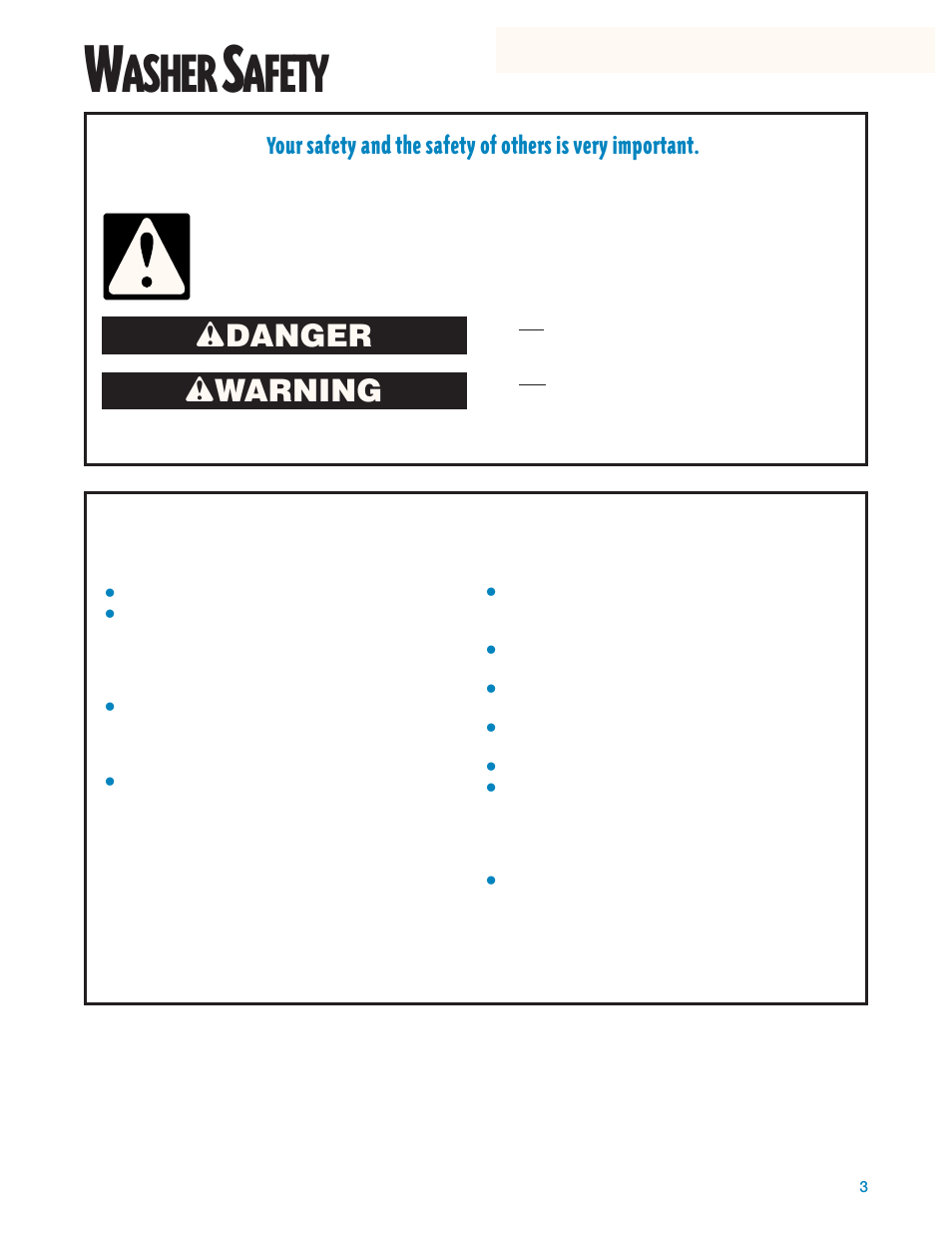 Washer safety, Asher, Afety | Wdanger w warning | Whirlpool GSL9365EQ0 User Manual | Page 3 / 20