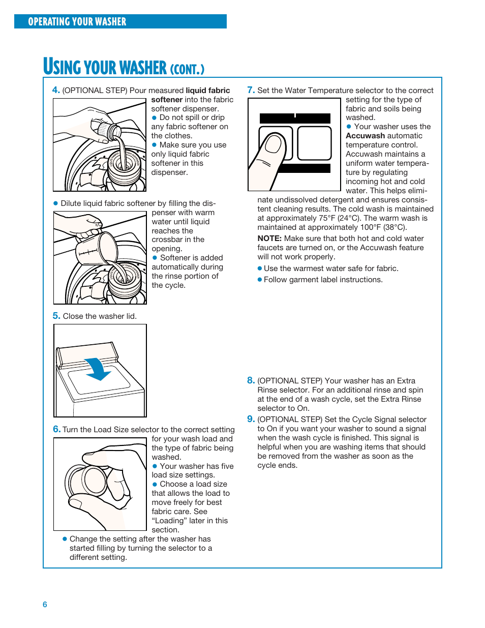 Sing, Your, Washer | Cont, Operating your washer | Whirlpool GSL9365EQ0 User Manual | Page 6 / 20