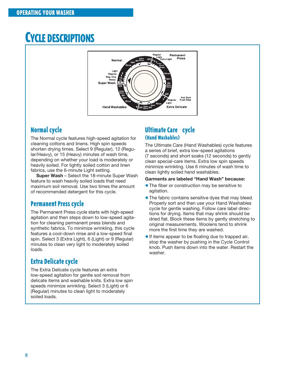 Cycle descriptions, Ycle, Descriptions | Ultimate care * cycle, Normal cycle, Permanent press cycle, Extra delicate cycle | Whirlpool GSL9365EQ0 User Manual | Page 8 / 20