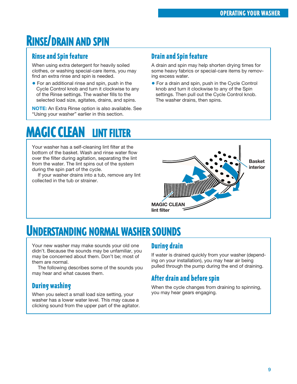Rinse/drain and spin, Magic clean lint filter, Understanding normal washer sounds | Magic clean, Inse, Drain, Spin, Lint, Filter, Nderstanding | Whirlpool GSL9365EQ0 User Manual | Page 9 / 20