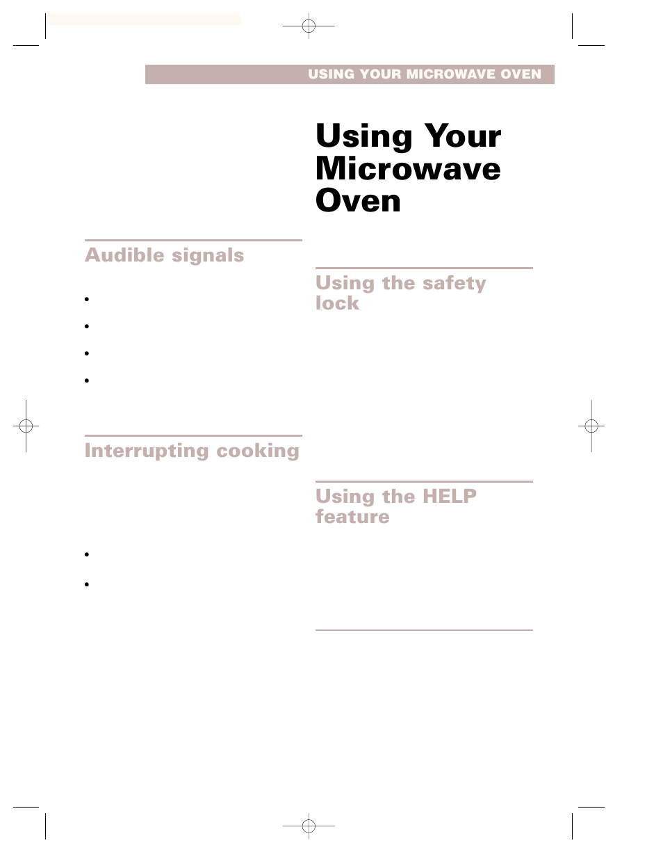 Audible signals, Interrupting cooking, Using your microwave oven | Using the safety lock, Using the help feature | Whirlpool GH7155XHS User Manual | Page 11 / 30