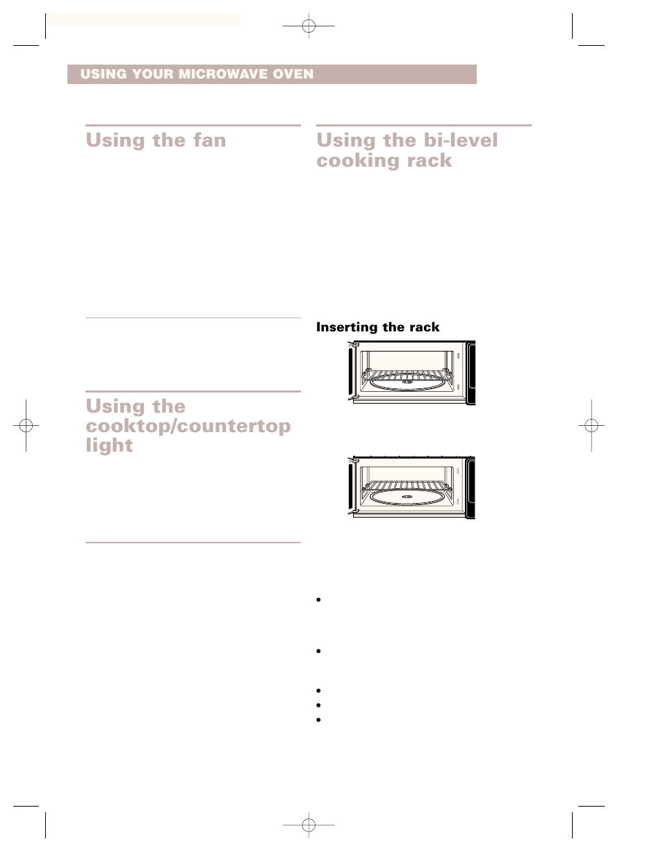 Using the fan, Using the cooktop/countertop light, Using the bi-level cooking rack | Whirlpool GH7155XHS User Manual | Page 12 / 30