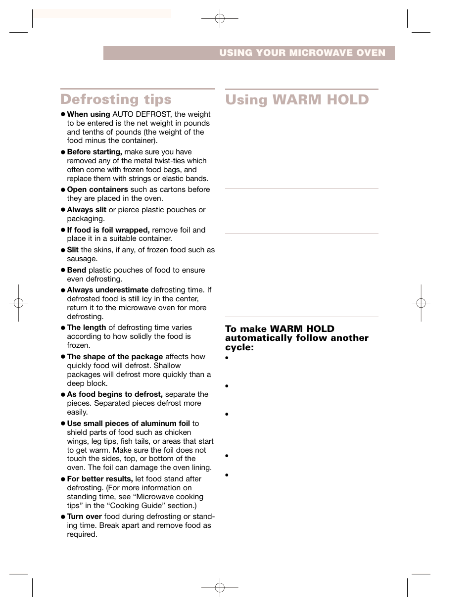 Defrosting tips, Using warm hold | Whirlpool GH7155XHS User Manual | Page 17 / 30