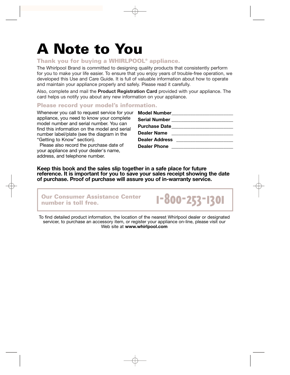 A note to you | Whirlpool GH7155XHS User Manual | Page 2 / 30