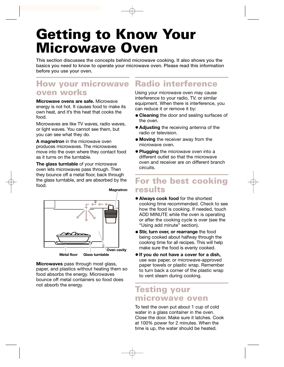 Getting to know your microwave oven, How your microwave oven works, Radio interference | For the best cooking results, Testing your microwave oven | Whirlpool GH7155XHS User Manual | Page 6 / 30