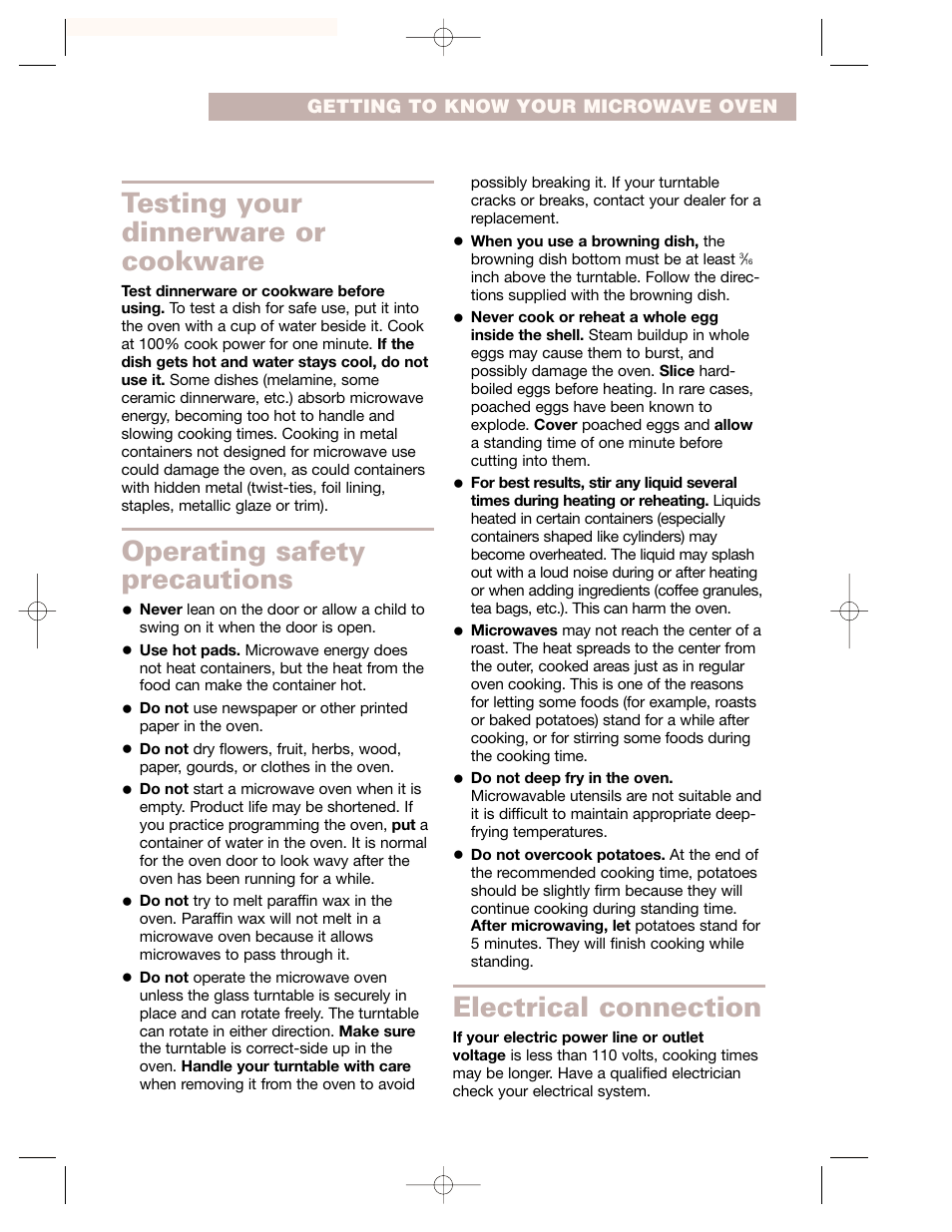 Testing your dinnerware or cookware, Operating safety precautions, Electrical connection | Whirlpool GH7155XHS User Manual | Page 7 / 30