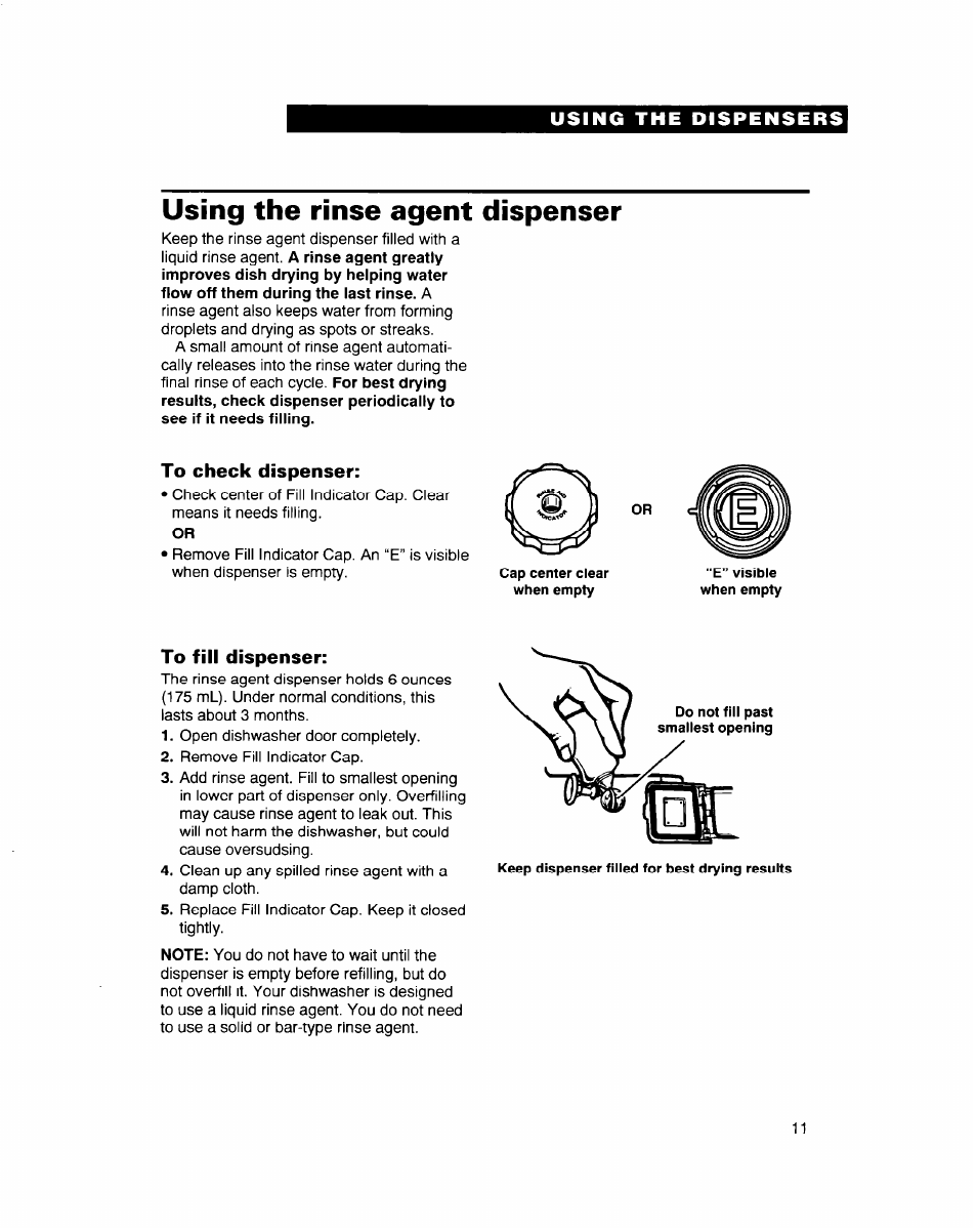 Using the rinse agent dispenser, To check dispenser, To fill dispenser | Whirlpool 900 Series User Manual | Page 11 / 25