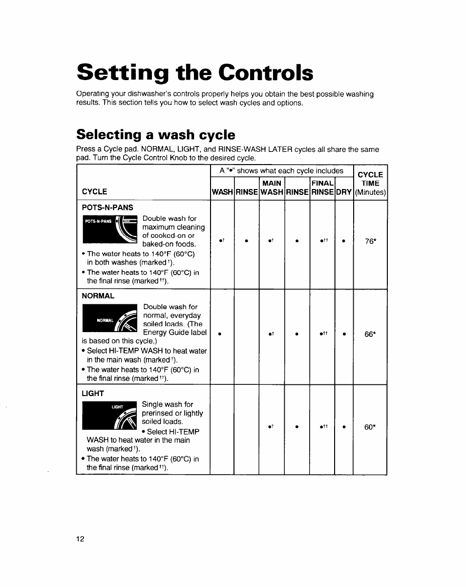 Setting the controls, Selecting a wash cycle, Setting the controis | Whirlpool 900 Series User Manual | Page 12 / 25